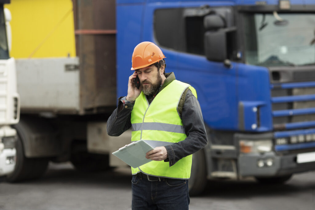 homem fala ao celular com caminhão ao fundo